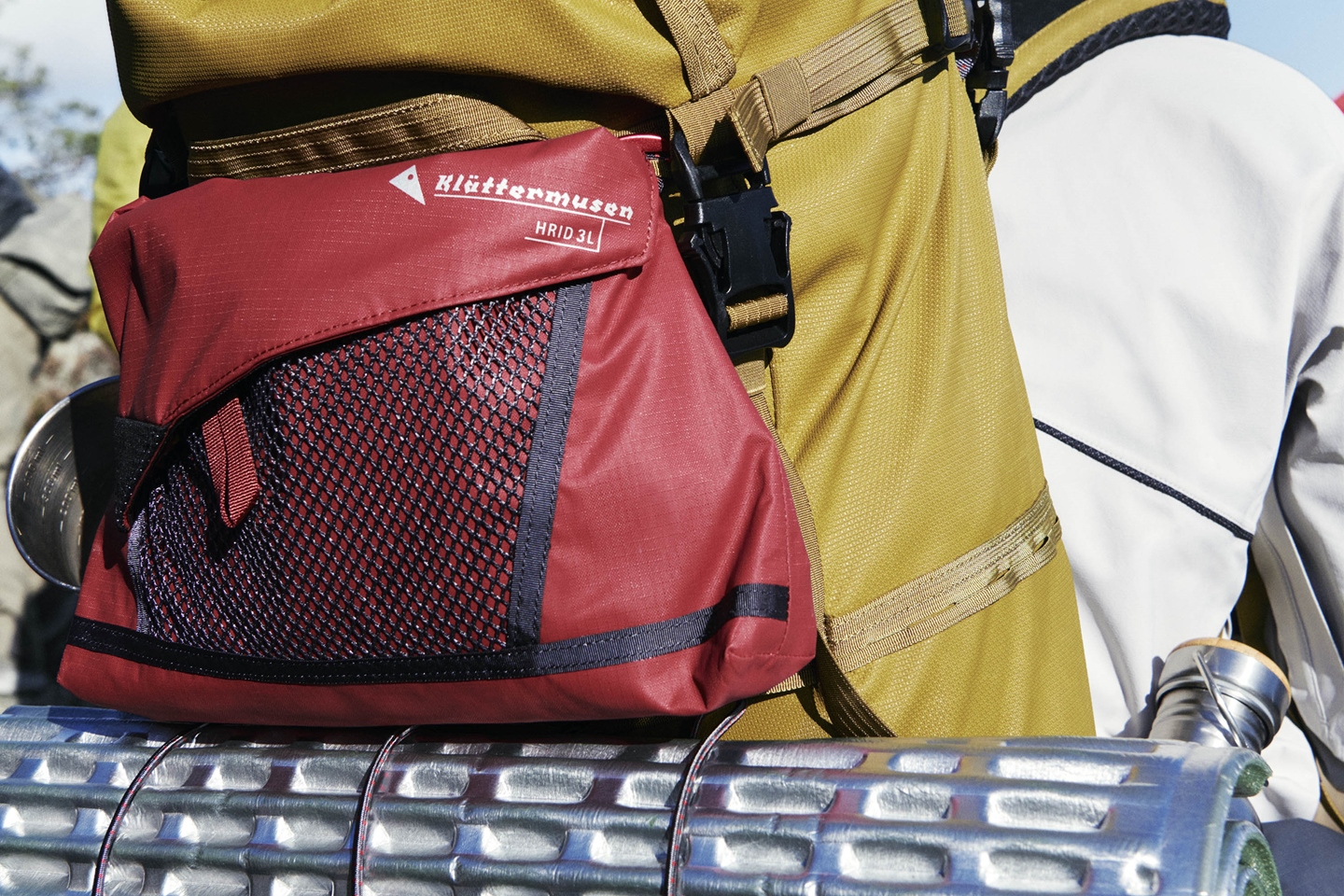 Close-up of accessorybag attached to a hiking backpack