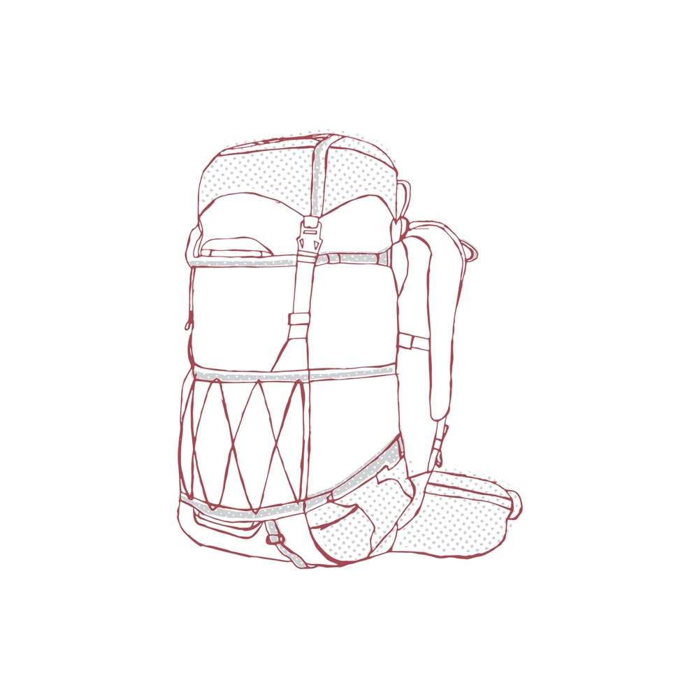 Graphic of outside pockets and attachments of the backpack