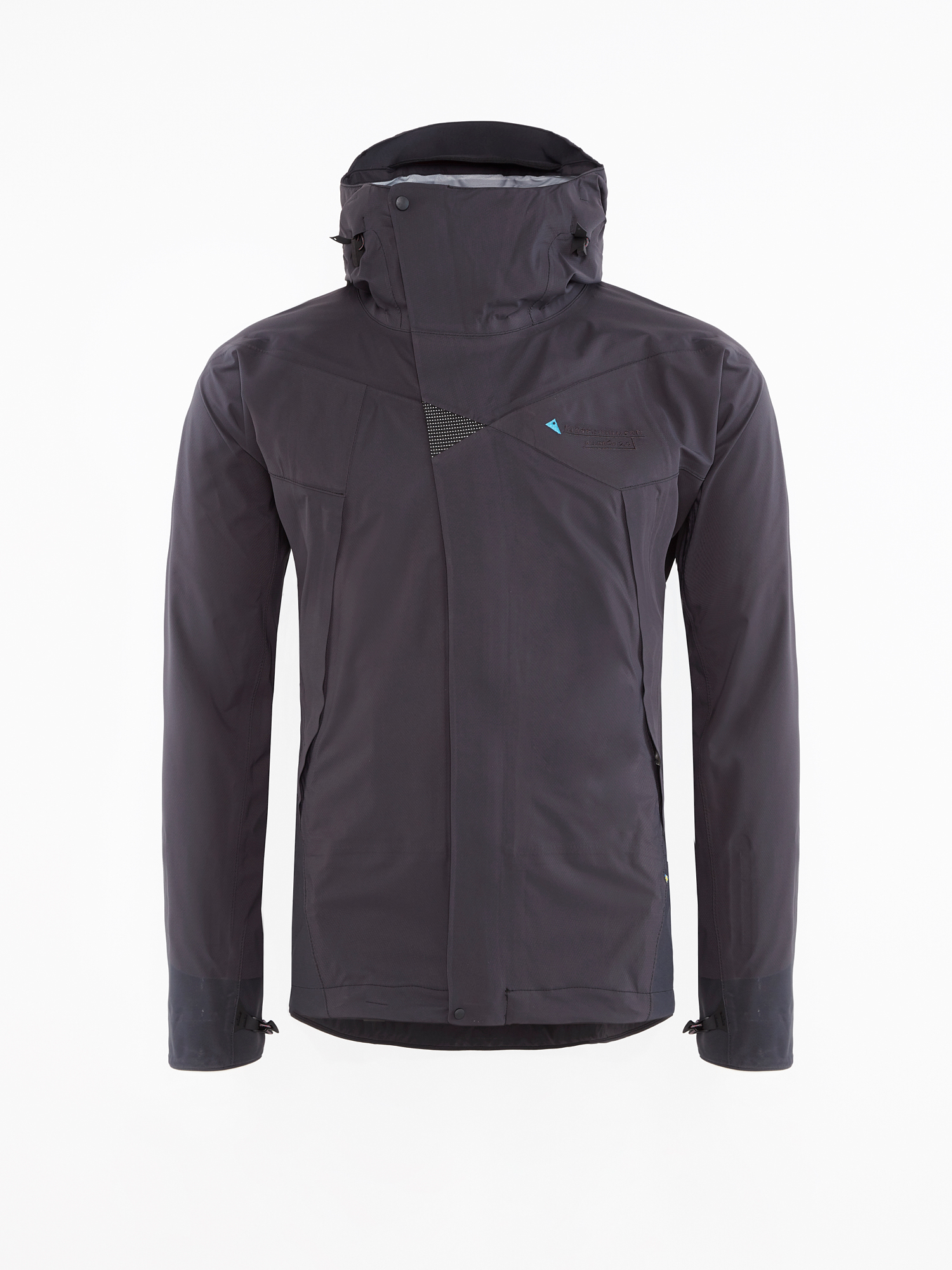 Men's waterproof hooded  jacket Allgrön 2.0 in the color Black/Raven color with Klättermusen logo on the chest. 