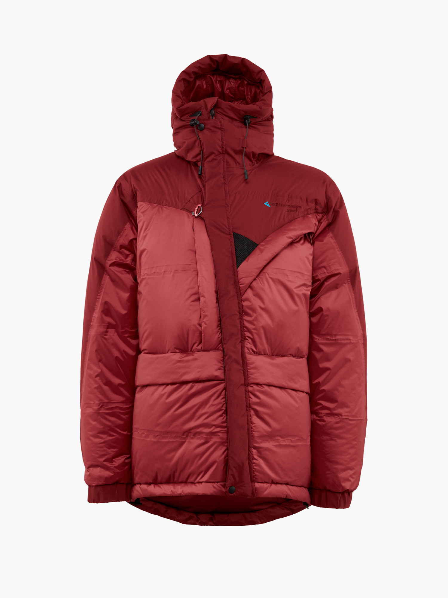 Iving 2.0, red down expedition jacket with down-filled hood.