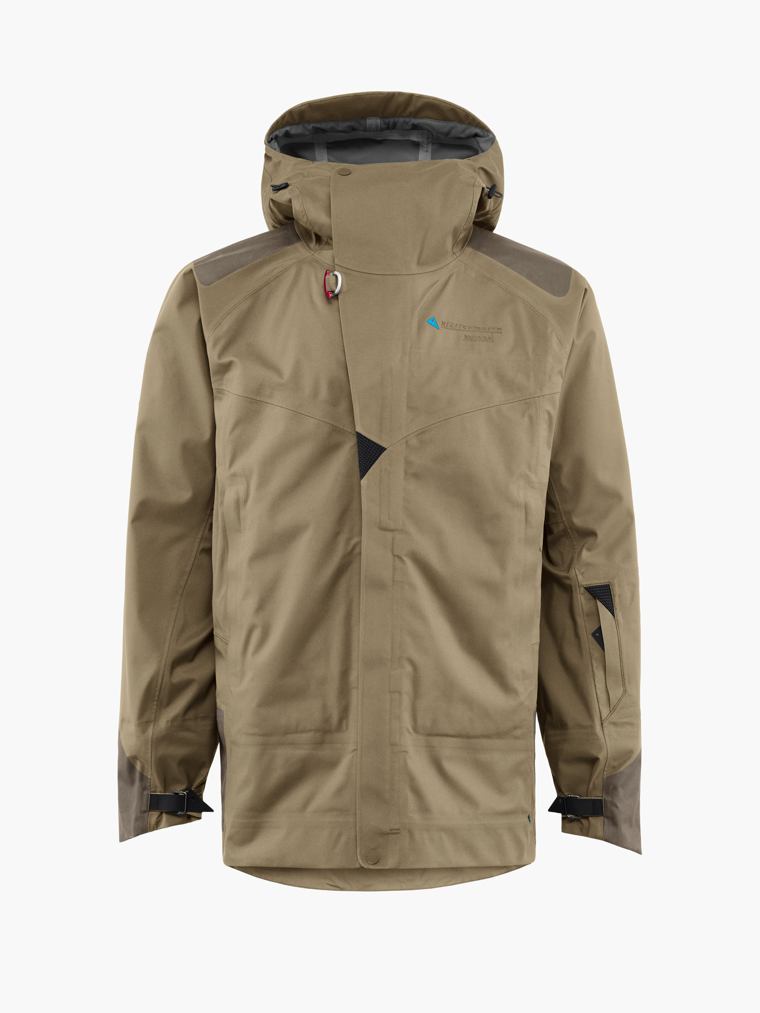 Stretchy and flexible men's shell jacket in beige, light brown color with hood.